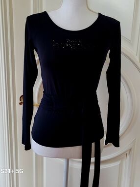 Women's Black Long-Sleeve Tie-Waist Top with Subtle Embellishment